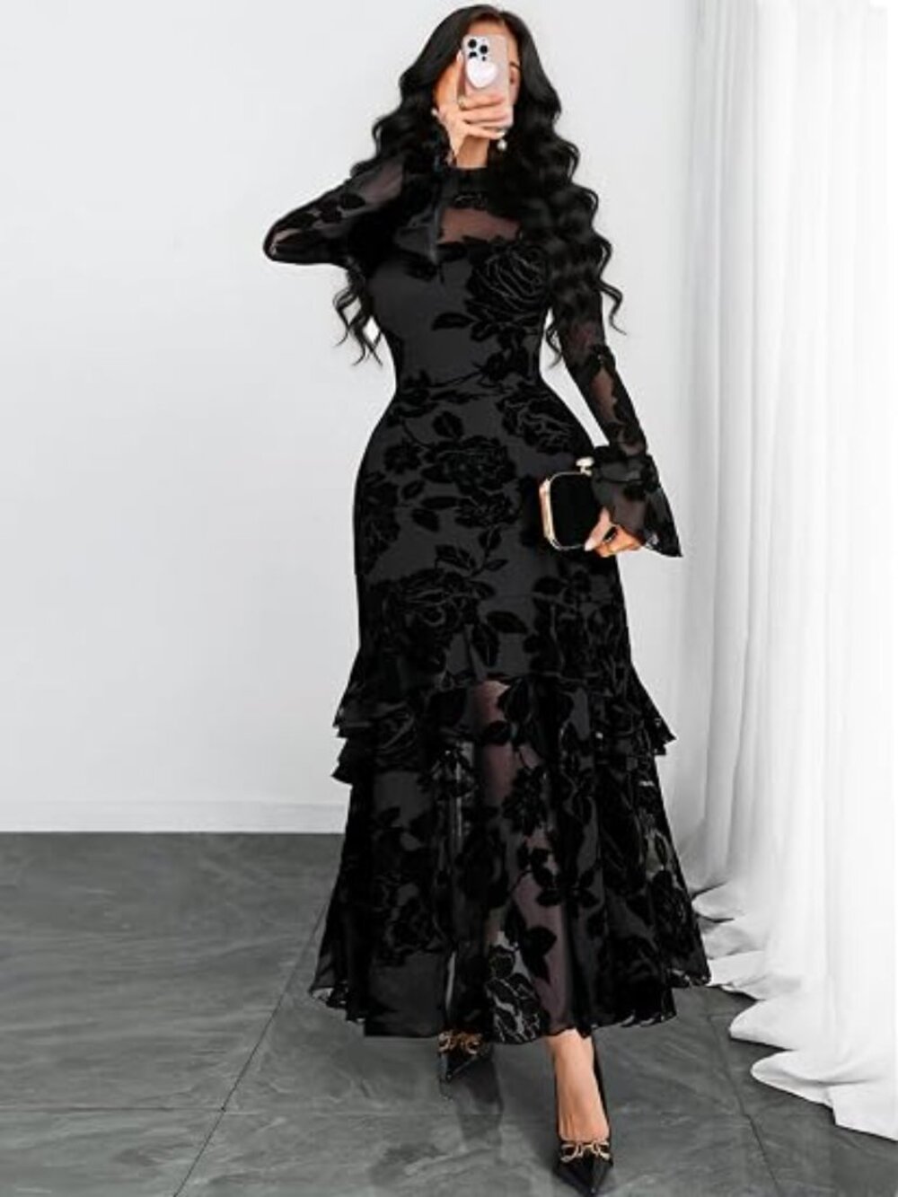 Women Floral Maxi Dress Bell Sleeve Party Wedding Guest Dresses
